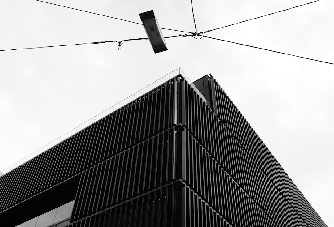 A black and white photo of the corner detail of a modern building with horizontal wires sticking out from its roof, shot in the style of Sony Alpha A7 III camera. –ar 128:87