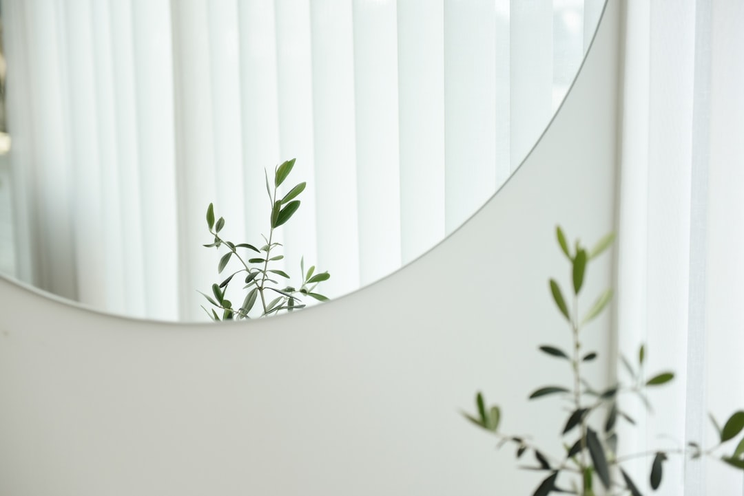 Close up of a large round mirror on the wall, white vertical blinds in the background, a small plant near it, in a minimalist interior design style, white walls, interior photography, a detail shot, a focus shot, with a macro lens, from a low angle, photorealistic, high resolution, with high quality details. –ar 128:85