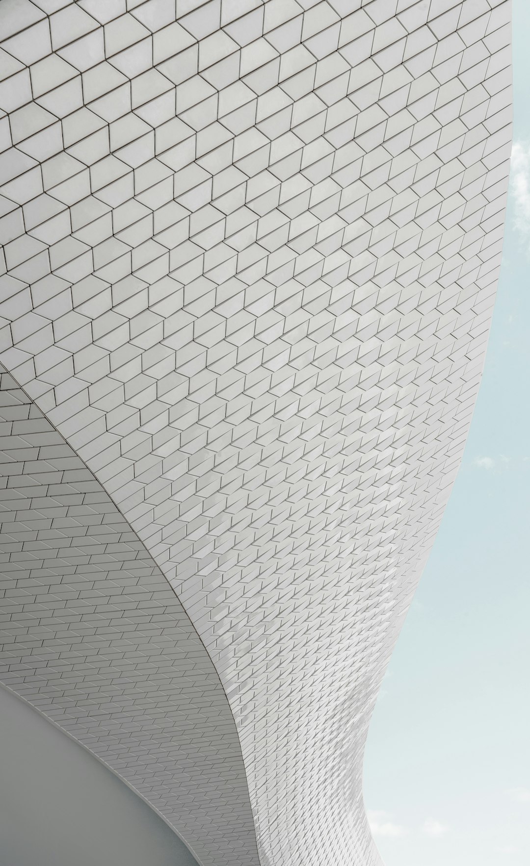 White tiles in the shape of diamonds on an art museum roof, designed in the style of [Ross Lovegrove](https://goo.gl/search?artist%20Ross%20Lovegrove), minimal background, architectural photography. –ar 39:64