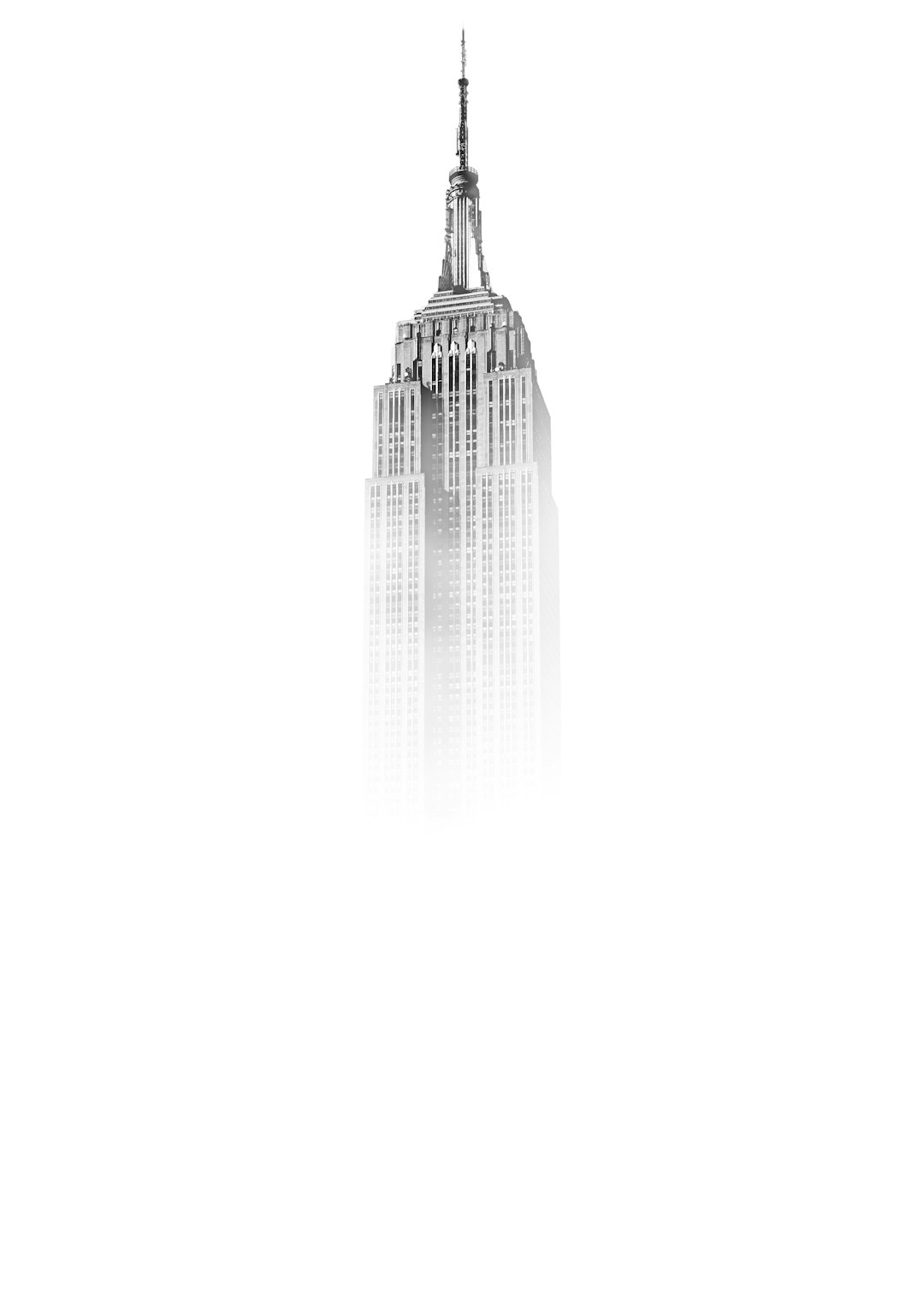 Empire State Building in fog, transparent background. The image depicts the Empire State Building emerging from fog with a transparent background. It is rendered in the style of [Andy Warhol](https://goo.gl/search?artist%20Andy%20Warhol), known for his pop art depictions of iconic American subjects and symbols through silkscreens and use of bold colors. –ar 91:128