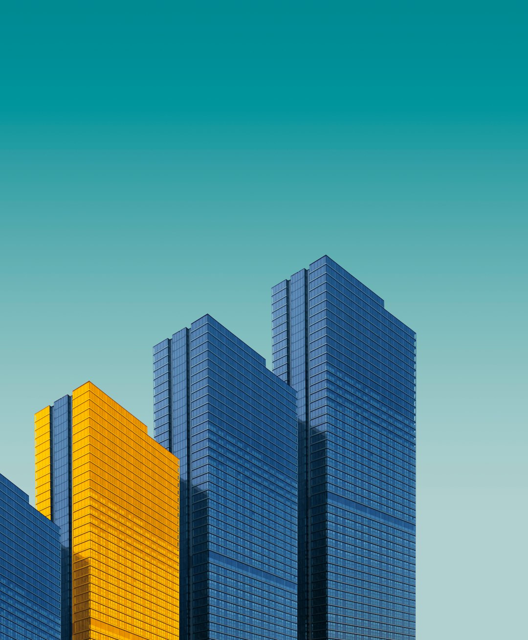 Modern skyscraper buildings in blue and yellow, clear sky, simple minimal, 3D render, flat design, high resolution photography, stock photo, professional color grading, clean sharp focus, hyperrealistic in the style of different artists.