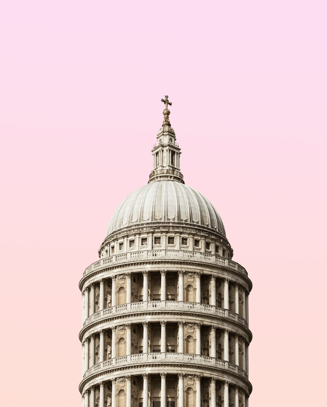 St Paul’s Cathedral, pink sky, simple background, closeup of dome, light beige and white tones, minimalist style, symmetrical composition, architectural photography, high definition. –ar 51:64