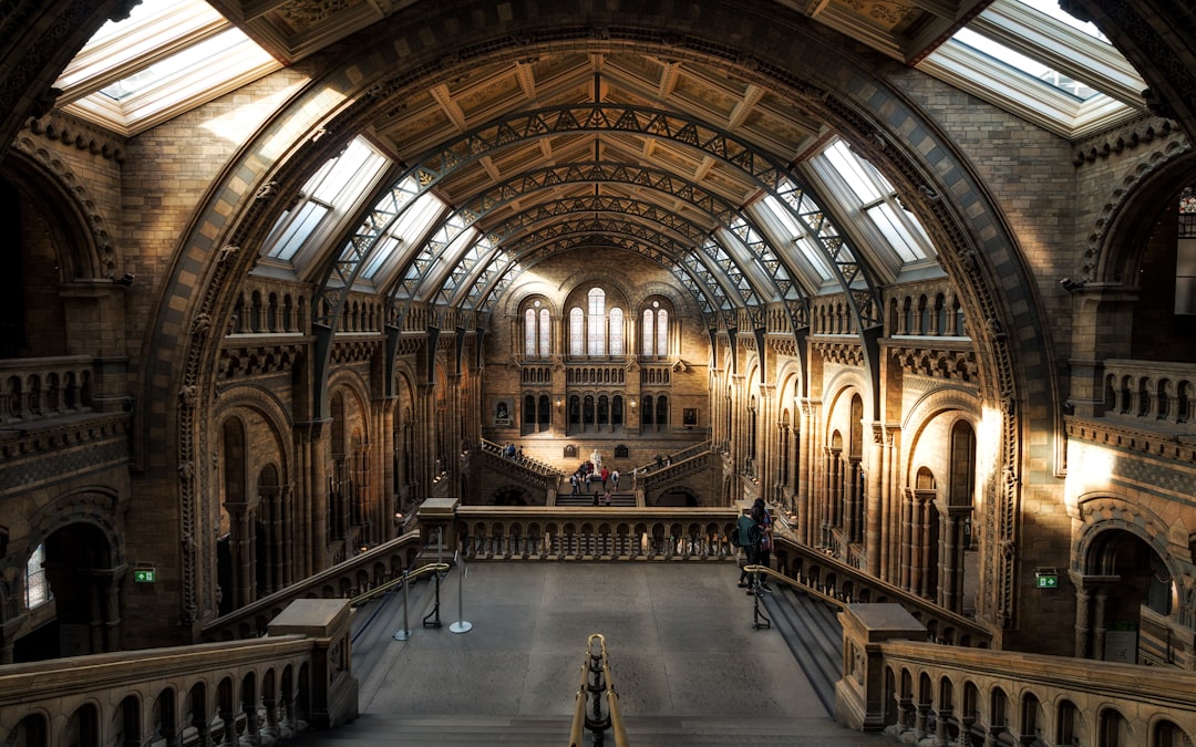 the natural history museum in london, interior view of the grand hall with large windows and arched ceilings, stone walls with classical architecture details, wooden floorboards, many visitors walking around or sitting on balcony bridges over ravines, wide angle shot, hasselblad x2d, golden hour lighting –ar 8:5