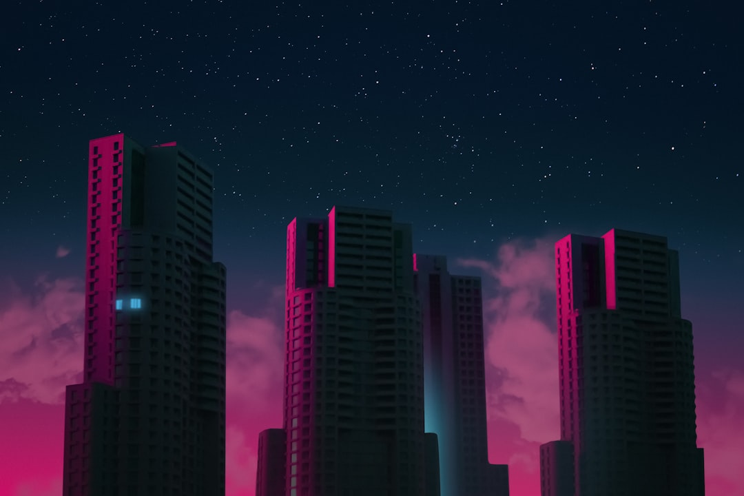 giant skyscrapers with pink and blue lights in the night sky, 80s retro anime style in the style of anime artists from the 1980s.