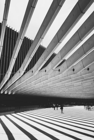 The Parc de la T cannons in the style of [Zaha Hadid](https://goo.gl/search?artist%20Zaha%20Hadid), Paris City Culture Center, symmetrical composition, simple structure, modernism, architectural photography, wideangle lens, black and white tones, diagonal lines of shadows on the ground, people walking through it. High contrast light shines from above. The building's exterior features abstract geometric shapes and steel structures, creating an impressive atmosphere. In front is a large open space with scattered seating areas for visitors to rest.