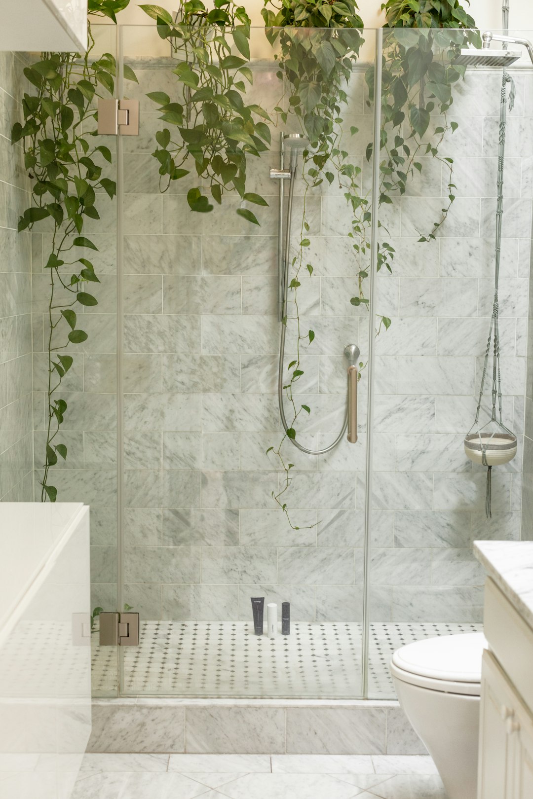 small bathroom with marble tiles, hanging plant vines, glass door to standing box finger style rain head and hand held water sprayer , neutral color scheme