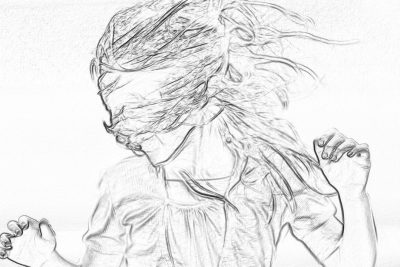 pencil sketch of young girl dancing, hair blowing in the wind, white background, simple lines, low detail, no shading, coloring page style