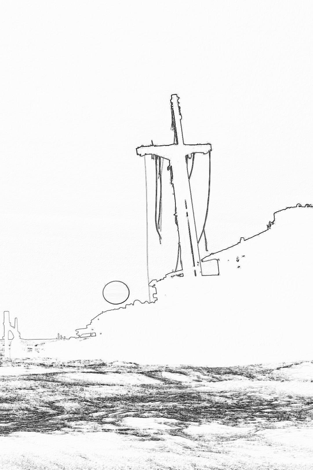 A simple line drawing of the cross on Calvary, a large stone wall with an arched entrance stands in front of it. A small round ball is seen at its base. The scene takes place atop a hill overlooking the ocean below. Black and white lines, minimalistic and simple. The drawing is in the style of a minimalist artist.