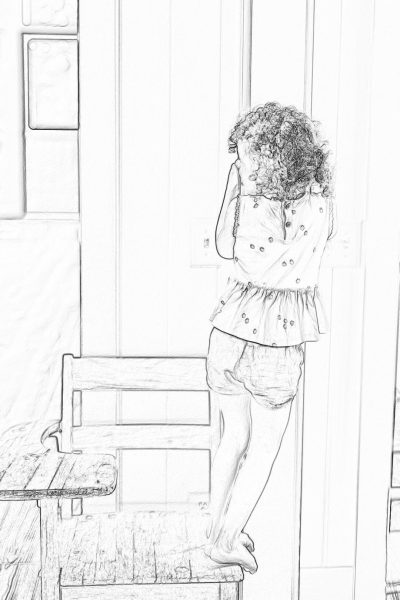 A cute little girl with curly hair is standing on the bench in front of her bedroom door, holding onto it and looking inside to see what's going on. She wears shorts and short sleeves. The background features white walls and wooden floors. Pencil sketch style, black lines, hand drawn, simple drawing. Black pencil strokes, simple coloring, full body portrait. A side view.,,in