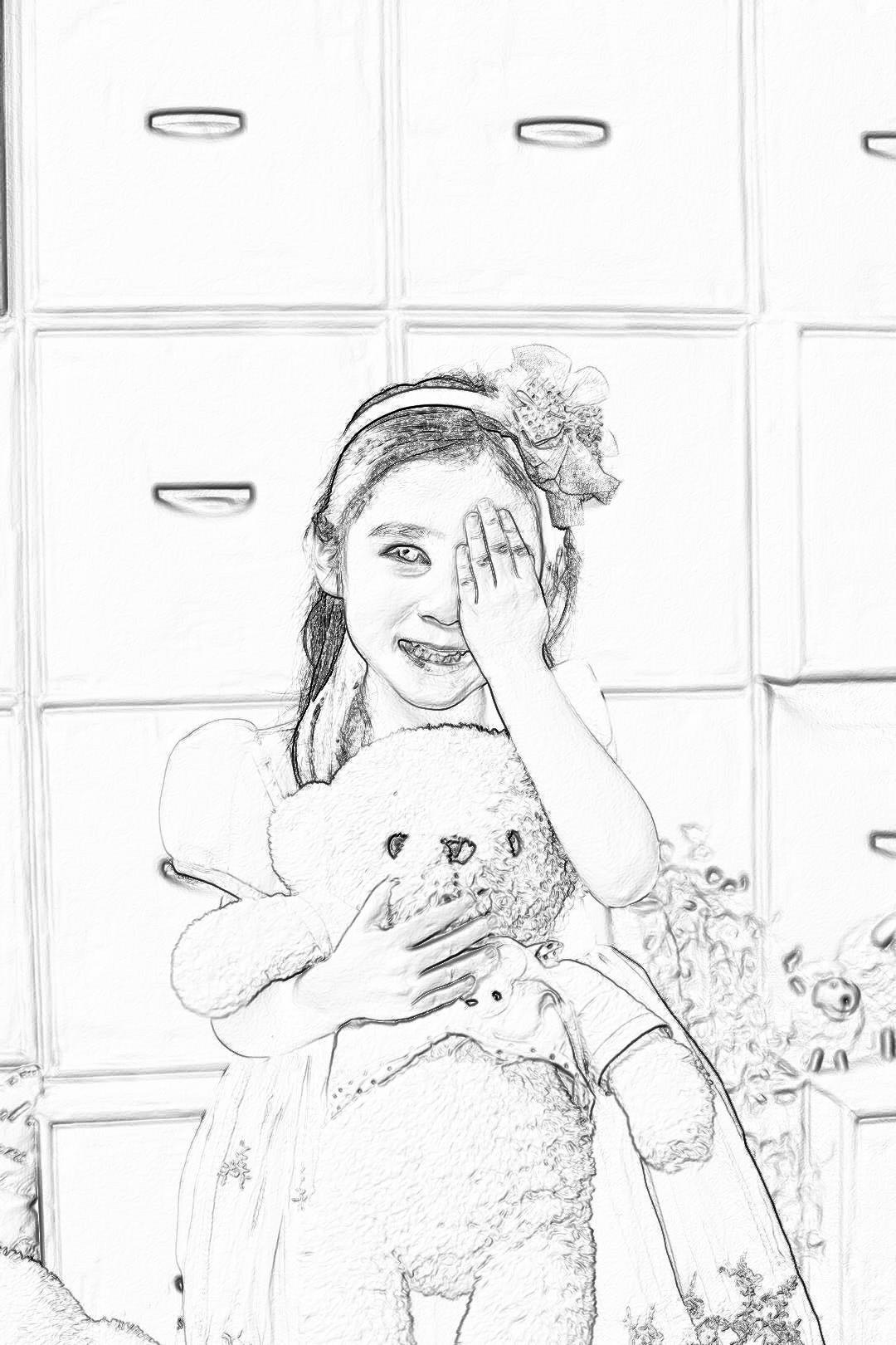 A cute little girl is playing with her teddy bear in the kitchen, covering one eye and smiling. She wears an elegant dress decorated with flowers. The background features white cabinets filled with neatly arranged drawers. The sketch is in the style of a black pencil sketch, with simple lines on a white paper background. High resolution. A drawing of a happy child holding his eyes covered with a hand while sitting next to a fluffy toy animal that has been drawn.