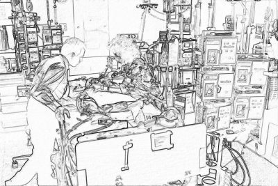 In the style of an adult coloring book, create a detailed line art drawing. A doctor and nurse are in front of a life support machine that has many medical devices around it. In their hands they have some tools to help a patient who is laying down. The room also contains various electronic equipment such as monitors, wires and other scientific instruments. Black lines only. No shading or color. Coloring page for adults.