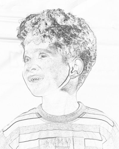 A black and white handdrawn pencil sketch of an overweight boy with short curly hair, wearing a striped tshirt smiling at the camera. The drawing is simple yet detailed, capturing his joyful expression in high resolution on textured paper. He has one ear visible from profile, showing it's earring.