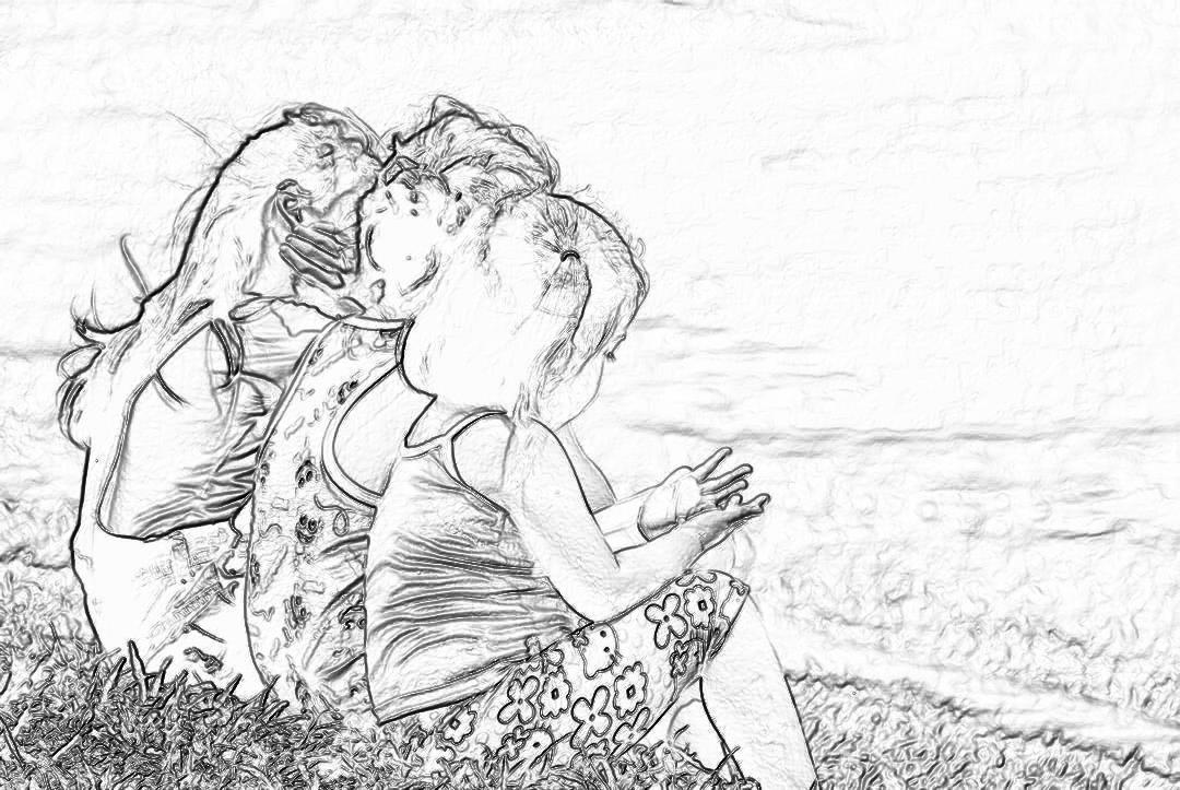 A girl and her mother kiss each other on the grass by the seaside, coloring page for girls aged 6-8 years old, thick lines, black outline, no shading, vivid colors, simple art, white background, coloring book cover, white background, in the style of 3D, high resolution, high quality, high detail, professional, masterpiece, best quality, high details, portrait of woman.