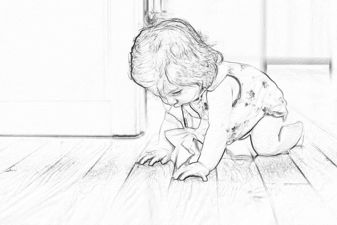 Black and white pencil sketch of toddler crawling on the floor, full body