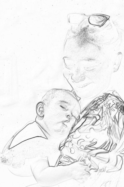 simple pencil sketch, mother holding newborn baby boy with dark hair and light skin, wearing Hawaiian shirt, close up on faces, white background, simple lines, minimalist style