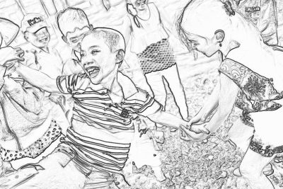 coloring page, kids playing with the children of bangkok thailand , happy and laughing, low detail, no shading, black & white line art, thick lines, no shadow,