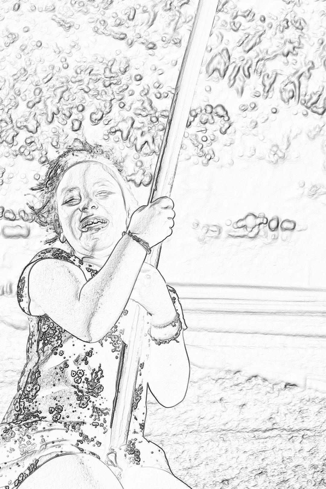 A black and white outline drawing of a happy young girl holding a pole at the beach, in the style of a pencil sketch with low detail, no shading, and bold lines. Watercolor bubbles are in the background with a white border.