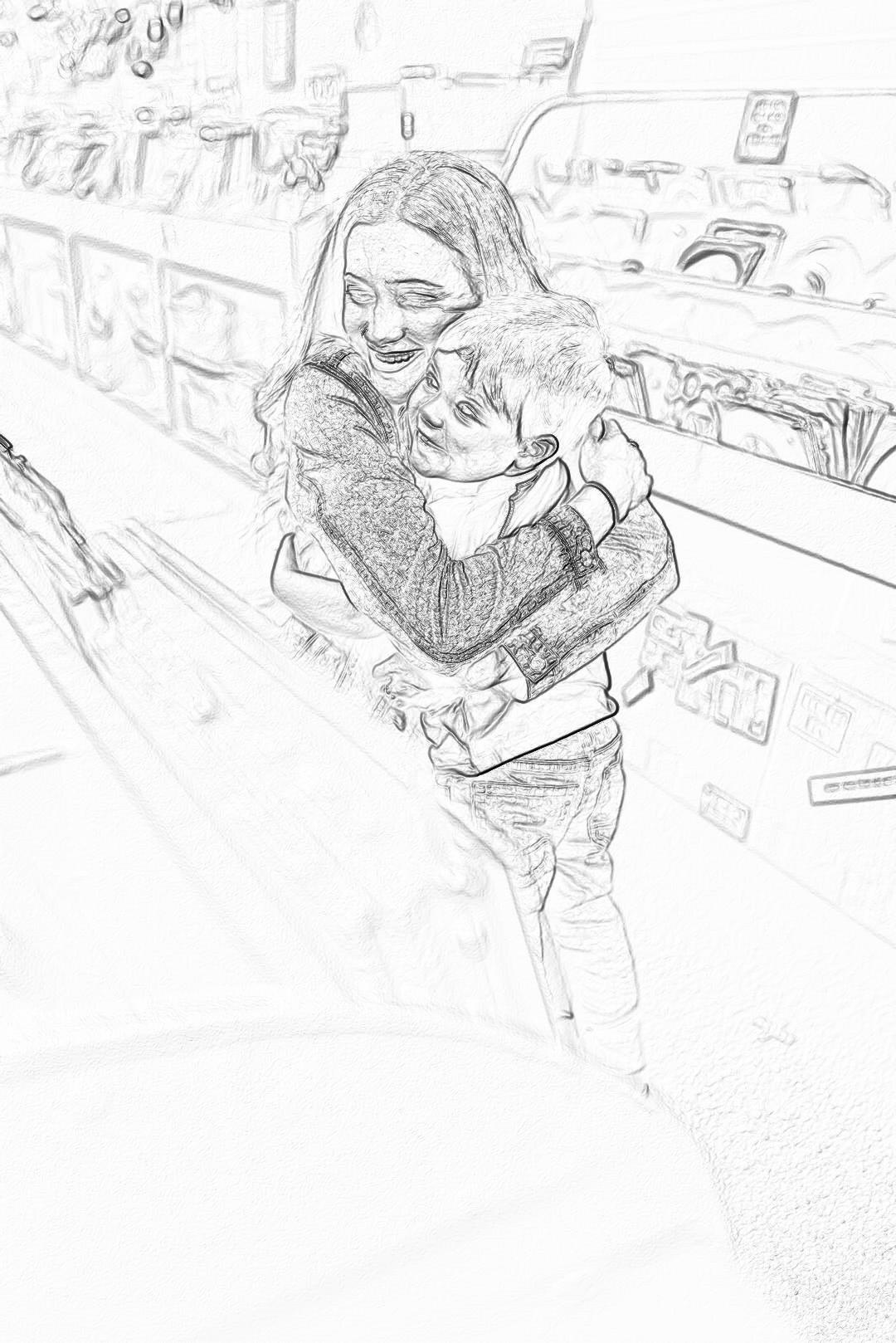 black and white storyboard sketch of mom hugging toddler at grocery store, wide shot