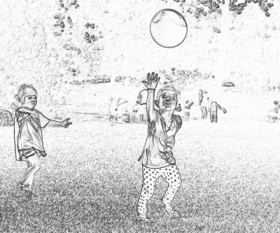 black and white line drawing of children playing with a benga ball on the lawn, in the style of a cartoon with simple lines and a low detail background without shading or color. The drawing has low resolution without shadowing or shading, low quality and details, low contrast and noise, low smoothness and sharpness, low clarity and resolution, low color saturation and palette, low texture, and low shading, contrast, shadows, smoothness, detail, realism.