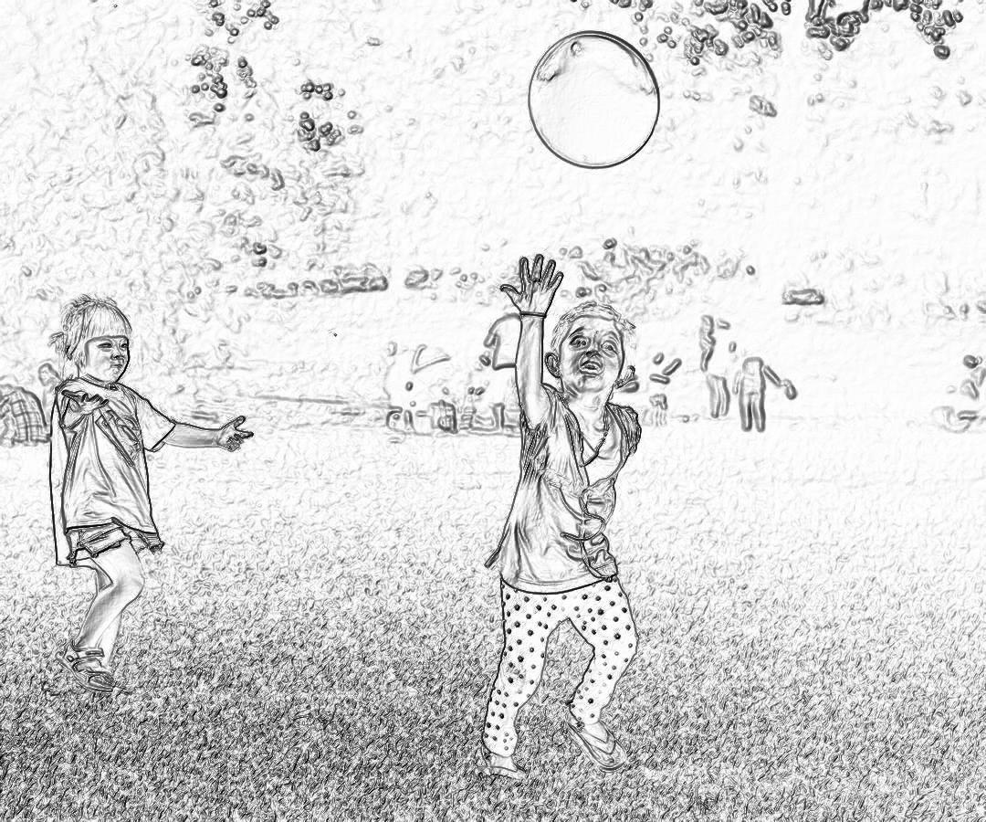 black and white line drawing of children playing with a benga ball on the lawn, in the style of a cartoon with simple lines and a low detail background without shading or color. The drawing has low resolution without shadowing or shading, low quality and details, low contrast and noise, low smoothness and sharpness, low clarity and resolution, low color saturation and palette, low texture, and low shading, contrast, shadows, smoothness, detail, realism.