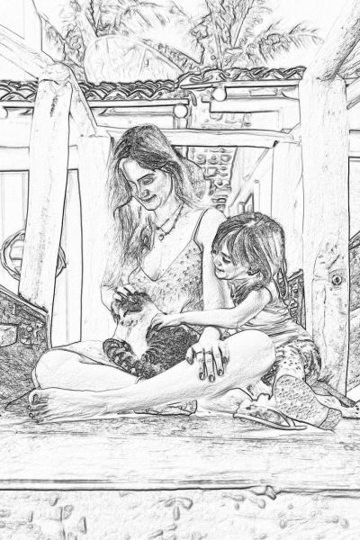 A mother and her child playing with their cat in the backyard, coloring page for adults, thick lines, black outline with no shading, low detail, grayscale only, white background, full body, wide shot, sitting on the ground playing together in the style of grayscale.