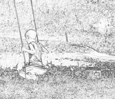 A boy sitting on the grass in the style of his garden swing, fishing in an ornamental pond. The drawing is done with simple lines and shading techniques, creating a black & white line art effect. It's drawn as if for coloring books or children's storybook illustrations. This sketch captures joyful scenes of kids playing outdoors. The background features a detailed illustration of trees and flowers around him.