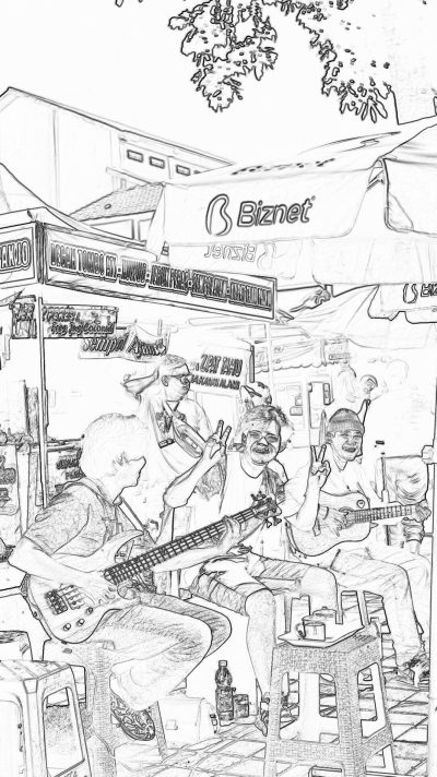 A street band playing in an outdoor market, with people sitting around and enjoying the music, drawn as a coloring page for kids with thick lines, low detail, and no shading, just a black outline on a white background. The banner above them has their brand name "Bldn Oneset".