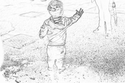 A little boy waving his hand to an adult, standing on the ground in a black and white pencil drawing style. The background is blurred with natural elements such as trees, grasses, flowers, or rocks, creating depth and focus on the child's face. He wears casual  suitable for outdoor activities like jeans, a t-shirt, and shoes, and has short hair. There should be more space around him, highlighting his movement and expression while playing outdoors. No text.