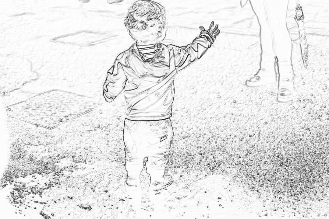 A little boy waving his hand to an adult, standing on the ground in a black and white pencil drawing style. The background is blurred with natural elements such as trees, grasses, flowers, or rocks, creating depth and focus on the child’s face. He wears casual  suitable for outdoor activities like jeans, a t-shirt, and shoes, and has short hair. There should be more space around him, highlighting his movement and expression while playing outdoors. No text.