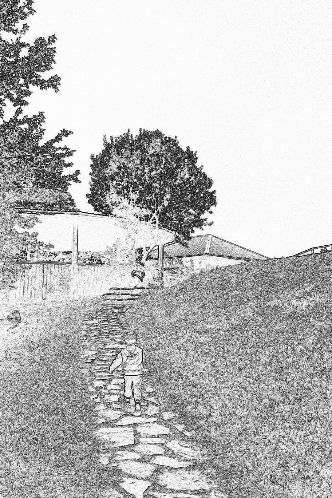 A child playing in the garden, a stone path leading to an old white house. A simple drawing in the style of a pencil sketch, with black and gray tones on a white background. Clean lines in a minimalistic style with low detail and high resolution, without shading.