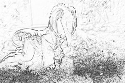 Black and white storyboard sketch of an elephant wearing jeans, crouching down to pick up something on the ground with its trunk. The background is a garden in springtime.