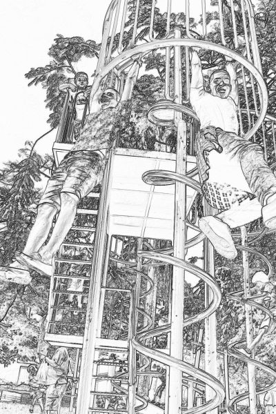 A black and white pencil sketch storyboard of three people climbing up the tower on top of an old, rusted metal slide in children's park. The playground equipment is surrounded by trees with vibrant green leaves, creating a lively atmosphere. One person holds onto another while they both look down at their kids playing below them. They all wear casual attire as if just coming from playtime together. A camera captures every detail, capturing the joyous moment of family time.