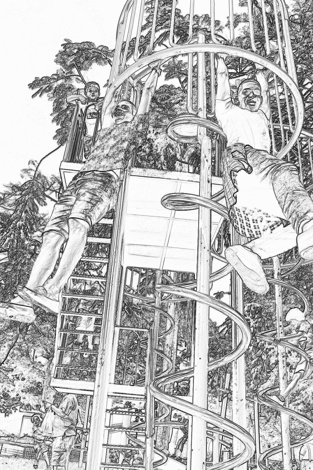 A black and white pencil sketch storyboard of three people climbing up the tower on top of an old, rusted metal slide in children’s park. The playground equipment is surrounded by trees with vibrant green leaves, creating a lively atmosphere. One person holds onto another while they both look down at their kids playing below them. They all wear casual attire as if just coming from playtime together. A camera captures every detail, capturing the joyous moment of family time.