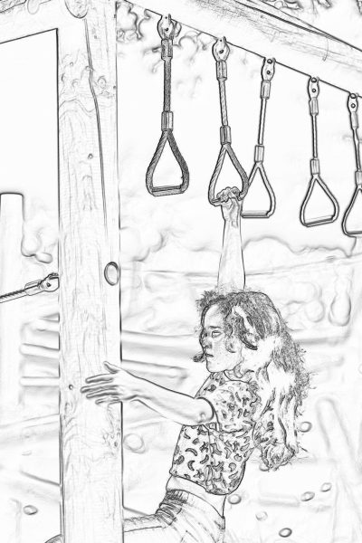 A girl is hanging on the climbing frame in her home gym. This coloring page is for girls aged 8 plus, featuring thick black and white lines in a greyscale style.