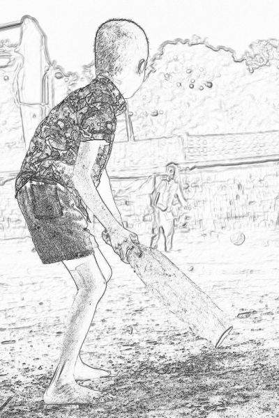 A boy playing cricket, coloring page for kids, thick lines, low detail, black and white, no shading, coloring book style, simple design, large shapes, children's illustration, in the style of Pixar, kids friendly, high quality, high resolution, detailed, high contrast