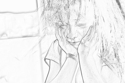 Black and white pencil sketch storyboard of close up woman sitting on the sofa crying with her head down, wearing tshirt, long hair