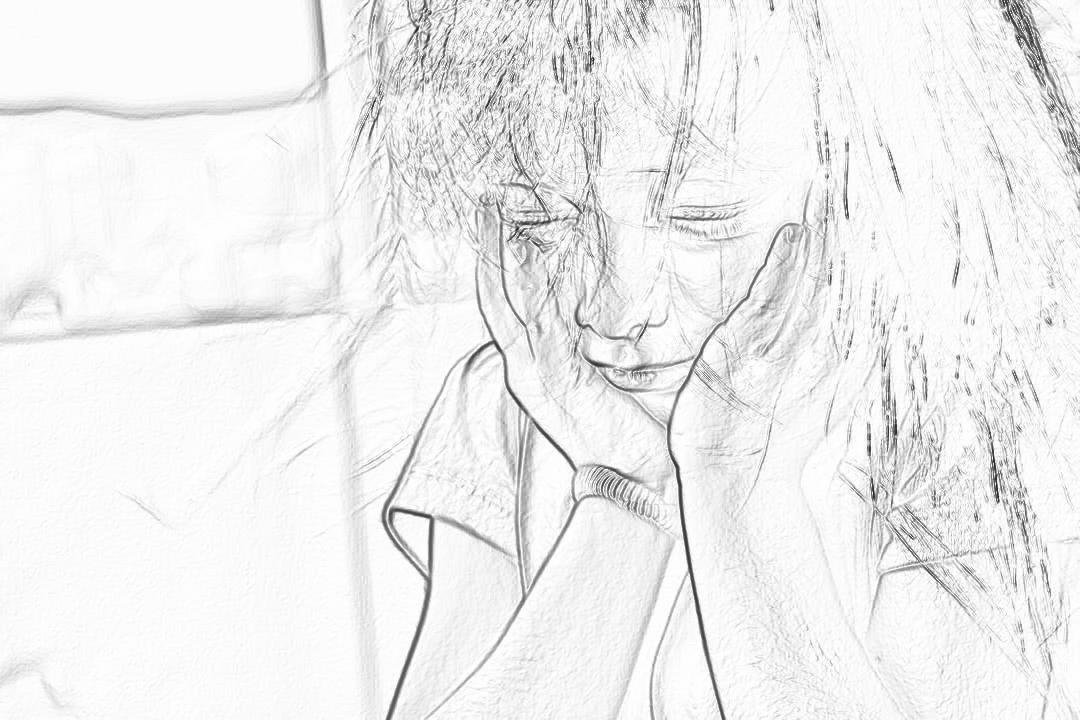 Black and white pencil sketch storyboard of close up woman sitting on the sofa crying with her head down, wearing tshirt, long hair