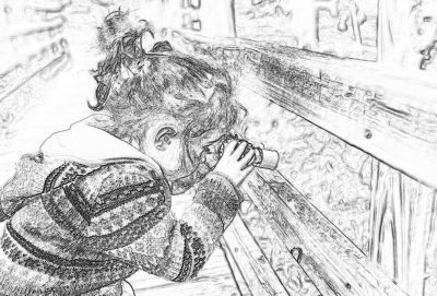 A little girl with her head down on the edge of an old wooden bench, sipping coffee in the morning light at Lauterbrunnen, in the style of a black and white sketch pencil drawing.