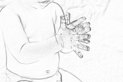 A baby's hand is drawn in black and white, with the back of his head visible, holding something up to show it off. The background has only pure white, creating an illustration effect. This scene features a closeup shot that highlights both hands and the child. The drawing is in the style of Chinese artist.