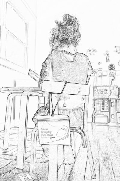 A rough pencil sketch of the back view of an adult woman sitting at her desk in school with a paper bag on it that says "the everyday book" and is decorated with letters. The room has wooden floors and walls, tables and chairs around her as she reads out loud to children who sit below her. It's a cozy classroom scene. Black and white line drawing without shading or coloring.