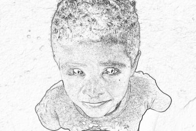 Black and white line drawing of an African child smiling, portrait, simple background, suitable for a coloring book page, white paper, no shadows on the character's face. The boy is wearing a t-shirt with shorts and has short hair. He looks directly at you from above in the style of no particular artist.