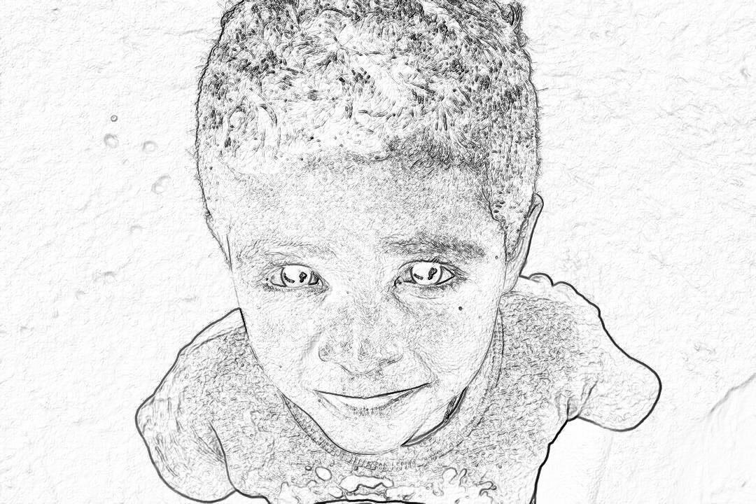 Black and white line drawing of an African child smiling, portrait, simple background, suitable for a coloring book page, white paper, no shadows on the character’s face. The boy is wearing a t-shirt with shorts and has short hair. He looks directly at you from above in the style of no particular artist.