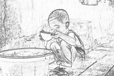 A little boy eating from an old pot, pencil drawing style, simple lines, black and white, cartoon sketch. The background is blurred with water on the ground. The composition of this scene creates a feeling of sadness or innocence in that young child's expression while he eats alone at home.