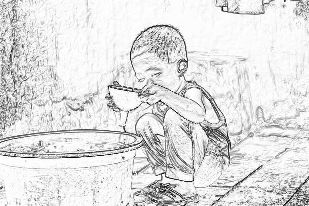 A little boy eating from an old pot, pencil drawing style, simple lines, black and white, cartoon sketch. The background is blurred with water on the ground. The composition of this scene creates a feeling of sadness or innocence in that young child’s expression while he eats alone at home.