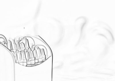 A pencil sketch of a closeup view of the inside of a glass bottle with multiple vape cartridges filled with liquid. The drawing is on white paper and has soft lighting, with space around it for text or logos to be added later. It captures the detail in each tube of cartridge in the style of an eBIG glass bottle interior.