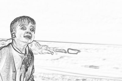 A young boy, smiling and talking to the camera on his birthday at sea beach in India, storyboard pencil sketch style