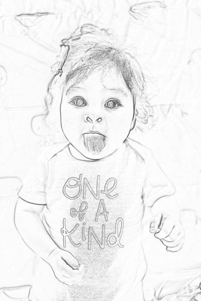 Black and white line sketch of an adorable baby girl with big eyes, wearing a t-shirt with text that says "ONE OF A KIND", tongue out, on a white background, full body portrait, the cute baby sitting in bed making faces, with a simple design, a detailed drawing, high contrast, on a white paper background, with clean lines, high resolution, in the style of a coloring book page.