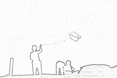 Black and white line drawing of two people flying kites with their children, simple lines on a white background in a minimalistic and low detail style. The drawing has low resolution, low contrast, low saturation and low sharpness with white space on the left side of the canvas.