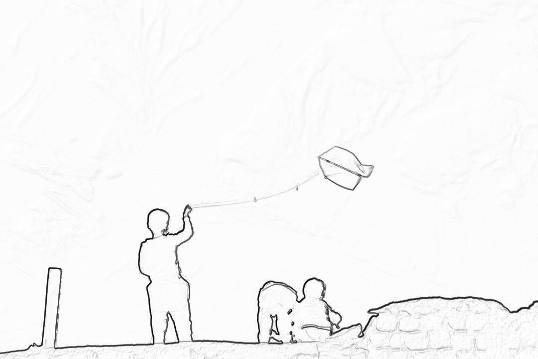 Black and white line drawing of two people flying kites with their children, simple lines on a white background in a minimalistic and low detail style. The drawing has low resolution, low contrast, low saturation and low sharpness with white space on the left side of the canvas.