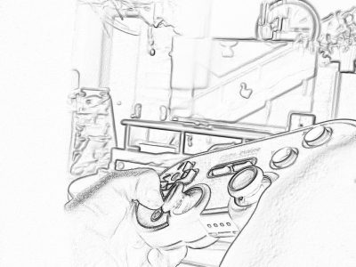 A black and white pencil sketch of an ingame shot from the first person perspective, showcasing Mario's car as he sets up his equipment for riding on top of it. The focus is on closeup details like the wheels, computer mouse buttons, mario bros style, and some objects scattered around. It captures a moment where they have set everything up ready to go out racing with their gear placed near them. There should be no background elements just flat line art, no shading or color.